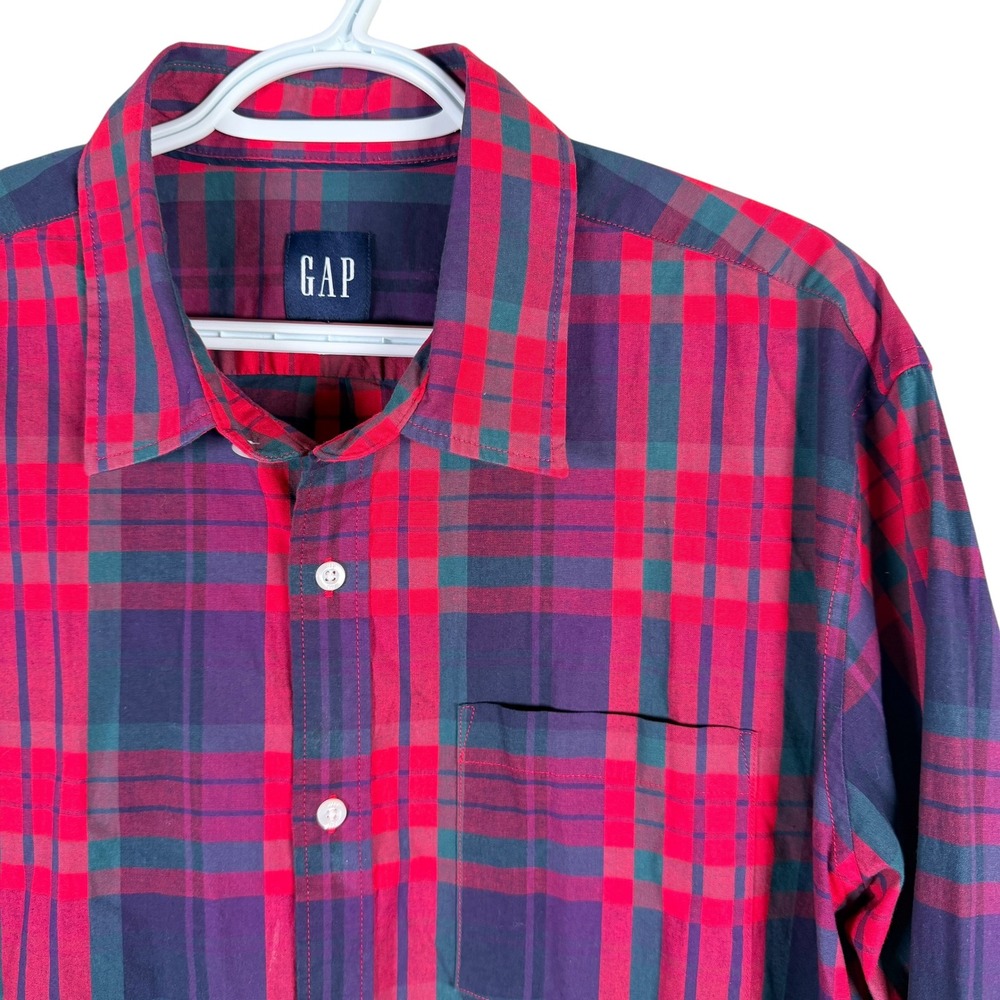 GAP Button Up Shirt Mens XL Red‎ Purple Green Plaid Long Sleeve Stretch